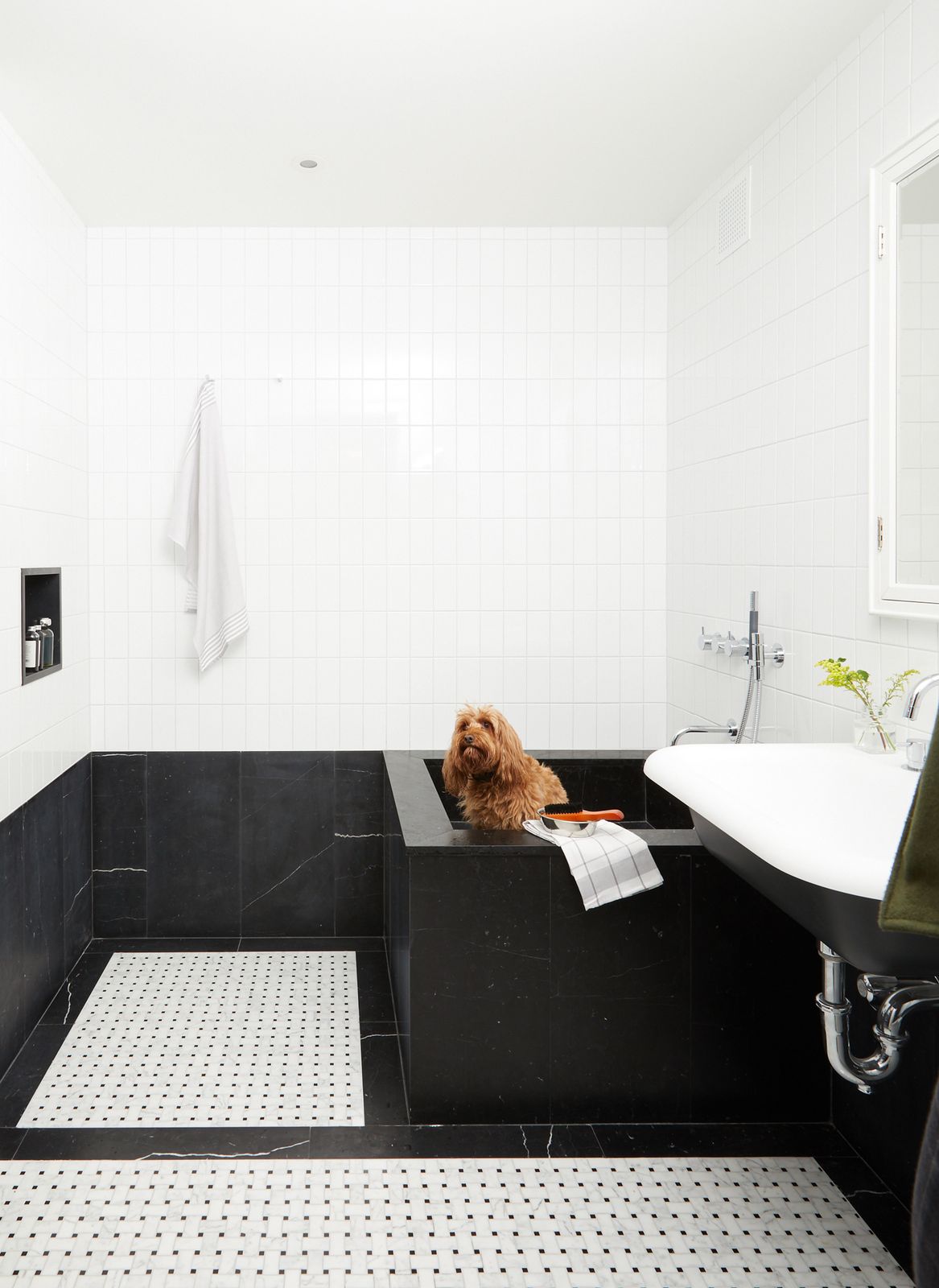 A Manhattan family worked with Frederick Tang Architecture to design a lavish $10,000 Nero Marquina stone dog bath that complements their postwar co-op’s refined aesthetic.