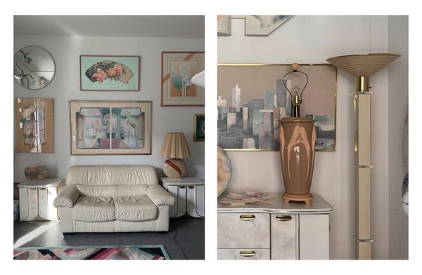 The rug, glimpsed at the bottom of the photo on the left, pulls the space together for every era Willander celebrates, and is definitively not for sale. On the right,