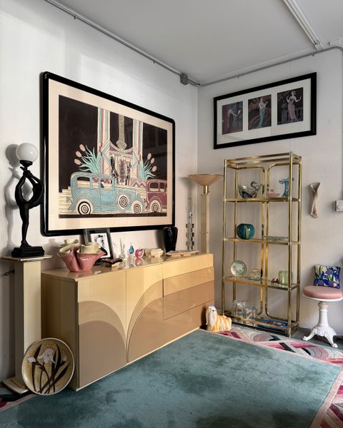 Willander is intentional with her aesthetics. Pictured here is the 1980s meets 1920s Art Deco revival look, featuring a beautiful etagere shelf in gold and glass.