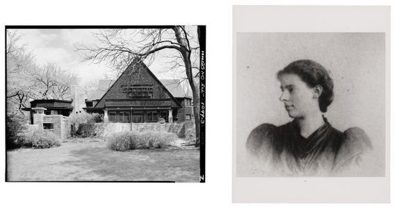 Left: LOOKING EAST - Frank Lloyd Wright Home & Studio, 428 Forest Avenue & 951 Chicago Avenue, Oak Park, Cook County, IL Photos from Survey HABS IL-1099.
Right: Portrait photograph of Marion Lucy Mahony Griffin.