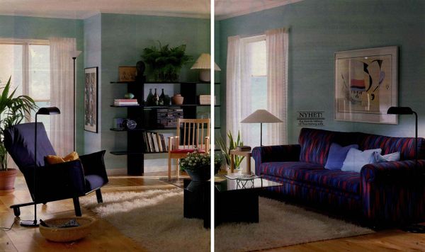 A spread from the 1987 Ikea catalog shows a Munk bookshelf and a Lagun/Cajus soffbord (coffee table) in a living room.