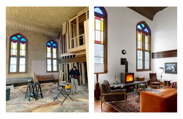 The renovation retained the 22-foot-high ceilings, stained-glass windows, and tin ceiling tiles.