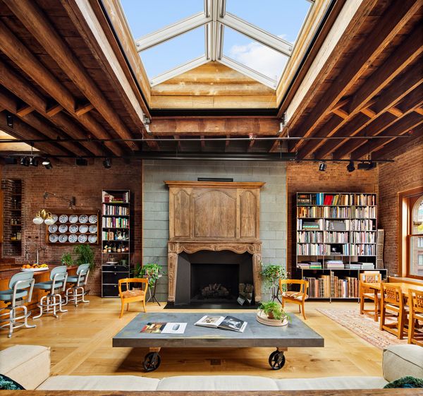 The mantel surrounding the fireplace was discovered at the Paris flea market.