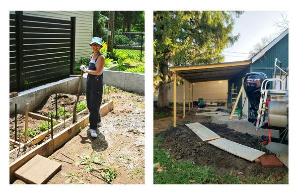 At left, learning how to pour concrete. At right, trying to get the pontoon boat under our new carport.