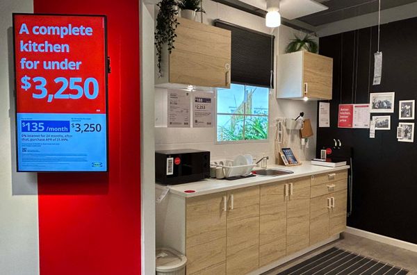 Kitchen cabinets are seen in a display at a store in Houston, Texas, on September 26, 2025.