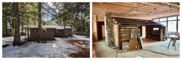 In collaboration with Timberwood Construction, the team stripped away the cabin’s additions (pictured above left before the renovation) to restore its one-room footprint.