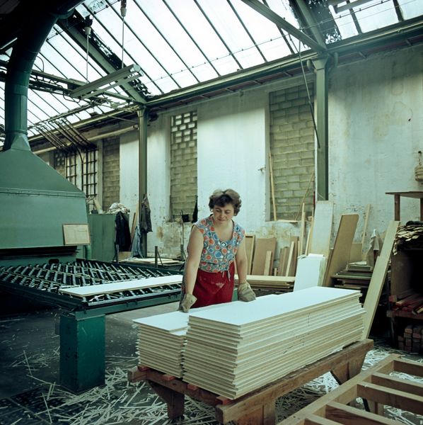 Furniture production in process at the state-owned factory Volkseigener Betrieb Möbelkombinat Hellerau in the German Democratic Republic (GDR) in 1969.