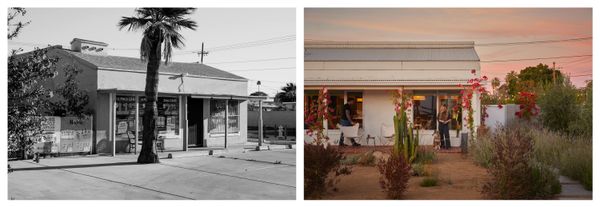 Designer Amy Williams transformed a former convenience store in Central Phoenix into a place for her, partner Elias Proce, and dog Sumo to call home, with details like floating shoji-screen cabinets that double as the ideal shelf for the couple’s collection of pottery.