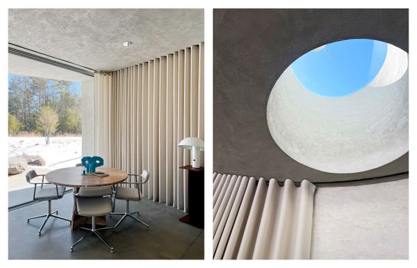 A custom edition of the Vipp Swivel chair upholstered in a warm light gray leather was created specifically for the upstate New York guesthouse.