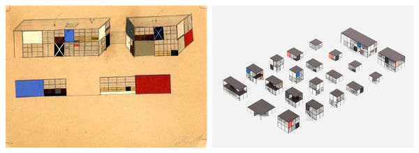 Ray’s paper collages explore compositions of materials, colors, and graphic patterns of the Eames House, 1948 (left); Concept study of possible pavilion sizes and typologies, 2024 (right).