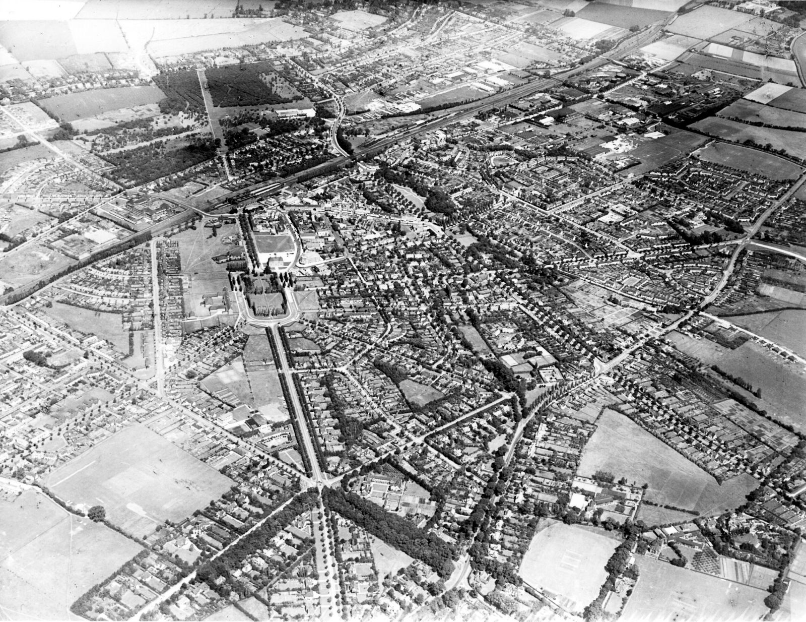An aerial view of Letchworth, England, circa 1955.