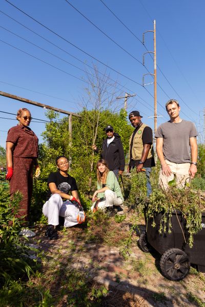 The creation of the Garden of the 21st Century in New Orleans has been a group project. From left to right: Natalie Manning, former operations manager at the Center for Sustainability and Development (CSED), and current volunteer; Brooklyn Clinton, volunteer; Bonnie-Kate Walker, cofounder, Office of Living Things; Arthur Johnson, chief executive officer, CSED; Rollin Black, director of coastal and habitat restoration, CSED; and Arlo Townsley, former coastal restoration coordinator, CSED, and current volunteer.