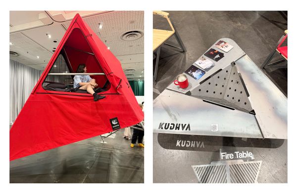 With a mattress inside, British American Camping’s above-ground tripod tent is more comfortable than most. The table at right is by designer Ben Huggins.