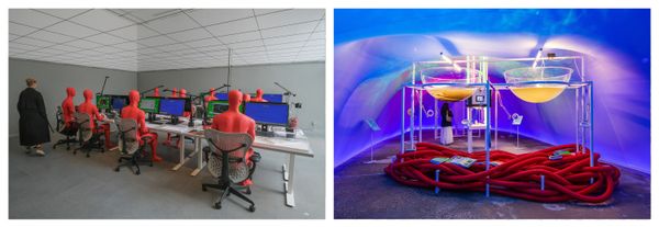 The pavilion of Hungary at the Giardini (left) and the Catalonia Pavilion, titled Catalonia in Venice 2025, are two exhibitions from 2025's messy biennale.