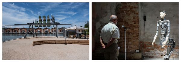 At left, the Canal Cafe' project by Diller Scofidio + Renfro turned Venice lagoon water into coffee during the 2025 biennale. The Takashi Ikegami and Luc Steels work "Am I a Strange Loop?