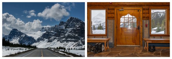 A view of Icefields Parkway between Lake Louise and Jasper (left). The entrance to the lodge (right).