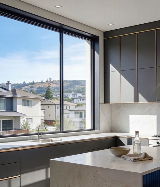 In clear mode, CLiC brings the surrounding landscape into the kitchen, and the natural light adds dimension to this home’s stone and dark cabinetry.