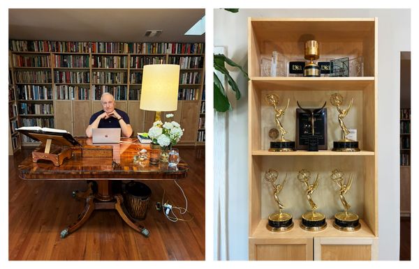 At left, Joe humoring me in his office. At right, he has so many awards they barely fit in his awards bookshelf.