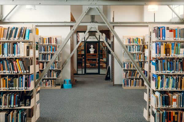 The Trolley Barn’s original steel trusses frame the library’s special collection, which includes books from Thomas Jefferson’s personal collection.