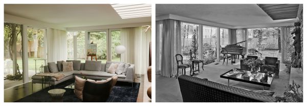 Webber’s original vision remains largely intact in many of the spaces including the living room (pictured right in the 1950s, and left in its current state).