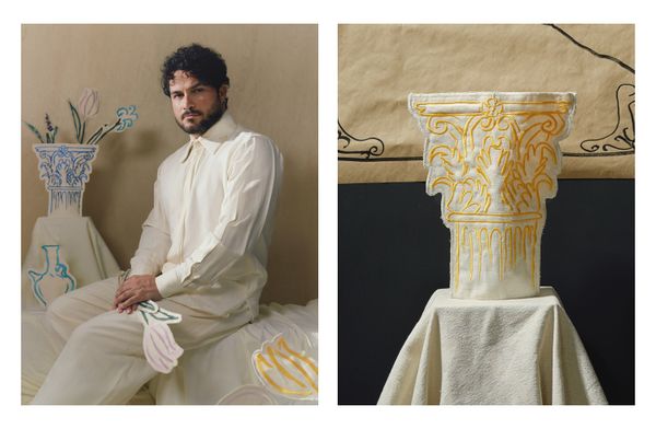 Hamza Mekdad of Hammerspace has interpreted the Corinthian capital in a myriad of materials, including canvas, pictured on the right. 
