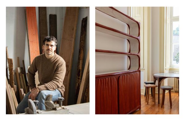 Eduardo Orúe Barceló of Atelier Orúe aims to present striking color combinations with his wood and stone furniture, including the shelf pictured on the right.