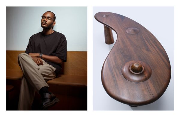 Many of Paul Ledron’s pieces are defined by smooth curves, like the Tanyè table pictured on the right.