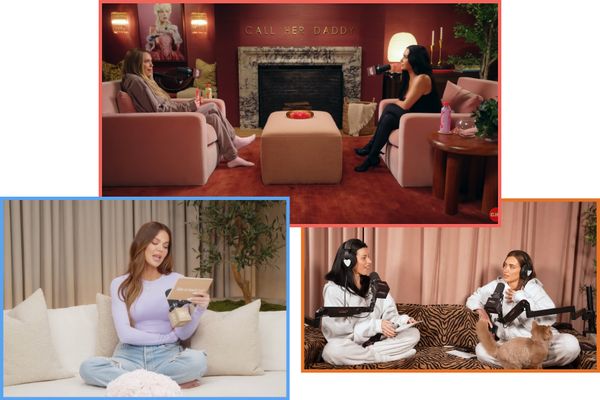 <i>Call Her Daddy</i> host Alex Cooper tapped the designer behind her L.A. mansion renovation to redo her podcast studio twice since 2023 (top). Khloé Kardashian launched her Dear Media podcast <i>Khloé in Wonder Land</i> in 2025; it records from a Calabasas studio (left). The at-home set where influencers (and friends to the Kardashians) Victoria Villarroel and Stas Karanikolaou record their <i>Better Half</i> podcast splits the difference between Cooper’s hyperfeminine backdrop and Kardashian’s luxe but minimal one.