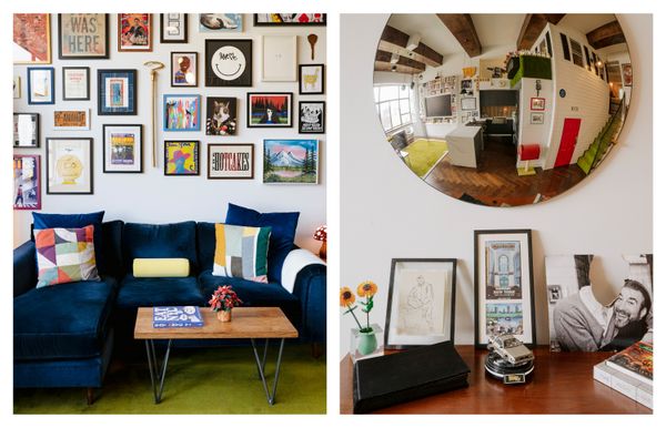 In the open living area of his West Village condo, filmmaker Lee Leshen devised a gallery wall with around 40 collectibles from throughout his life—a screen print of Val Kilmer as Doc Holliday in <i>Tombstone</i> done by Kilmer in 2021; a stunt cane used by the Riddler in <i>Batman Forever</i>; three of Don Draper’s business cards from <i>Mad Men</i>, and so many more bits from the movies and series he loves (he’s cataloged it all).