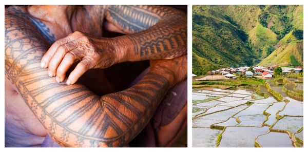 Traditional tattoos in the Kalinga province in the Cordillera Mountains feature various symbols and patterns with specific meanings, like rice paddies, which according to Lizardo symbolize beauty for women, and python scales, which she says are worn by women to preserve youth.