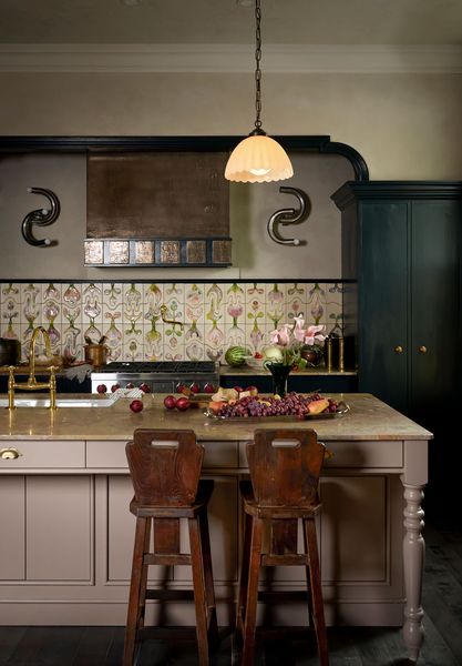 The wall color is from<a href="https://www.jhwallpaints.com/products/lime-wall-paint"> JH Lime Paints</a> in Lime Butter. The tiles are <a href="https://ceramikaiszklo.riwal.pl/en/start-english/">Riwal Manufaktura</a>. The countertop is <a href="https://www.artistictile.com/products/slmelange?srsltid=AU7gw4XAnU_96G8Mow9HQuZX0ZErApCNAvvfncZrDHCPIXAxxfl_LeLb">Artistic Tile’s Melange Marble</a>.