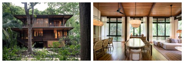 El Bosque’s home collection includes structures by many notable architecture firms, including Gensler’s Ceibo House (left). The interior of the Jobo House (right) displays the development’s emphasis on a sense of place.