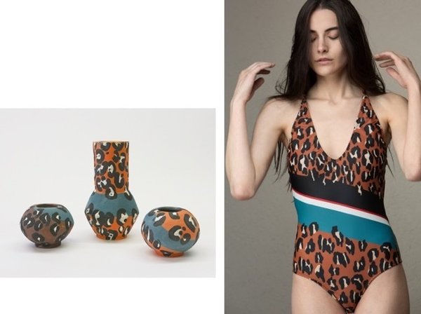 Ceramicist Bari Ziperstein's latest collection (left) takes inspiration from fashion designer Rachel Comey's spring/summer 2017 line (right).