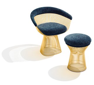 Platner Arm Chair and Stool in 18k gold-plated steel. Photograph by Ilan Rubin.