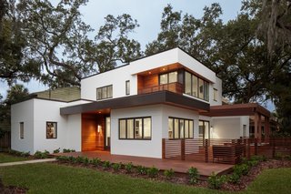 Dramatic, cantilevered overhangs make a visual impact, while shielding windows from sun and heat. Underlying soffits are thoughtfully trimmed in cedar.