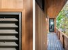 Juxtaposition of corrugated aluminum siding and cedar siding (L); Entry deck (R) Photo 6 of North Fork Bay House modern home
