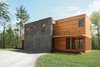 Modern home with Exterior, House Building Type, Wood Siding Material, Flat RoofLine, Prefab Building Type, and Stone Siding Material. Entry court Photo 2 of Catskills Suburban