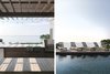 Modern home with Exterior, Prefab Building Type, House Building Type, Wood Siding Material, and Flat RoofLine. Outdoor kitchen (L); Lounge area at the pool (R) Photo 5 of North Fork Bluff House