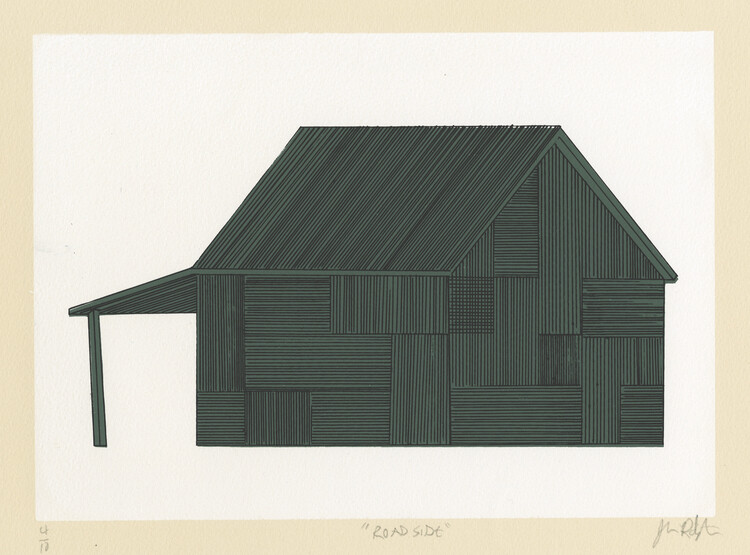 One of John Redington's silkscreen artworks documenting Texas sheds and barns