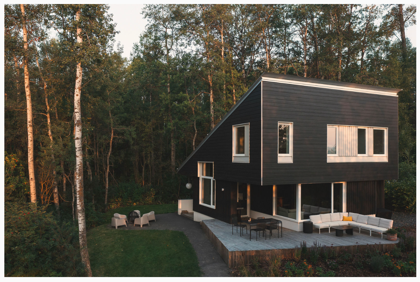An exterior shot of the Wabamun Lake Cabin by Josh Kjenner Architect, which Elaine and Mike's family enjoy with their two small children and, when possible, visiting family and friends.