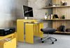 Modern home with Office, Study Room Type, Chair, Desk, and Carpet Floor. OneLess Office suite, Yellow. Neat. Photo of 17 Stellar Uses of Color in Home Offices