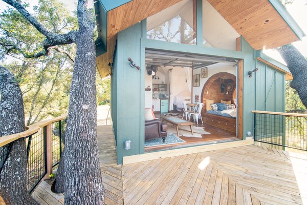 The Live Oak is one of three playful tree houses available to rent at HoneyTree Farm in Fredericksburg, Texas.