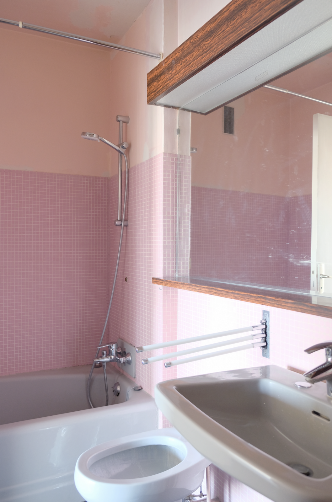 One of the bathrooms previously featured bubble gum-pink mosaic tile on the walls.