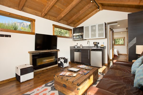 The cozy interiors are rustic and modern.