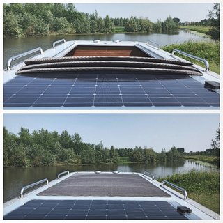 The moonroof includes a built-in screen to help keep out mosquitos. The soft-top roof is made from Sunbrella fabric, and pulls back to reveal panoramic sky views. 