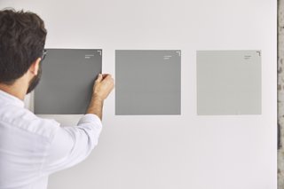  12" x 12" premium adhesive sample swatches can be ordered online, allowing you to preview a large color footprint. Natalie recommends putting the swatches on corners to see the depth of shadow.