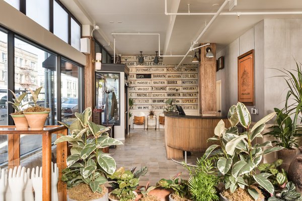 Plants and antique shelving serve as a divide between the check-in area and the rest of the lobby, which includes the dining area of Dóttir, the hotel's restaurant.