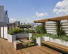 Looking South toward the water garden. A custom Ipe pergola is on the right with a built-in bench framed by Portland cement stucco planters. Photo 5 of East Village Roof Garden modern home