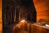 Modern home with Outdoor, Small Pools, Tubs, Shower, Trees, Back Yard, Small Patio, Porch, Deck, Concrete Patio, Porch, Deck, Wood Patio, Porch, Deck, and Decomposed Granite Patio, Porch, Deck. Cedar soaking tub and fire pit at night Photo 8 of Kūono at Volcano