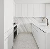 Modern home with Kitchen, Cooktops, Terrazzo Floor, White Cabinet, Ceiling Lighting, Marble Backsplashe, Wall Oven, Marble Counter, Undermount Sink, and Refrigerator. Terrazzo Floor / Marble Backsplash Kitchen Photo 2 of Chelsea Pied-à-Terre